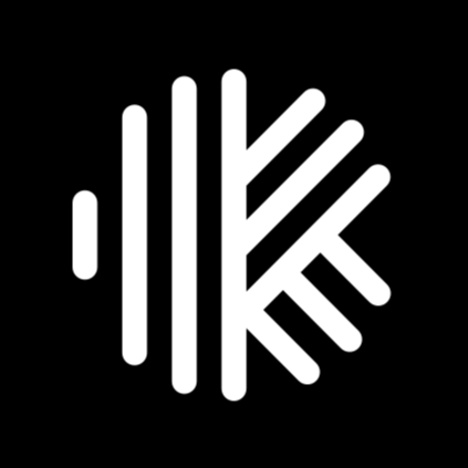 A black and white logo with vertical lines forming a stylized letter 'K' inside a circle.