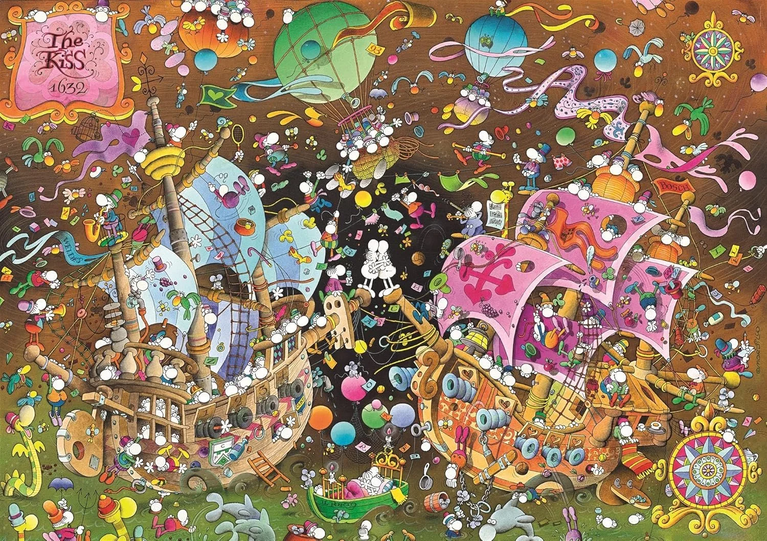 Bubbels en kleine figuren van Muis en vrienden op twee grote schepen in een kleurrijk zeegezicht, met veel details zoals zand, speelgoed, bloemen en waterspelletjes.