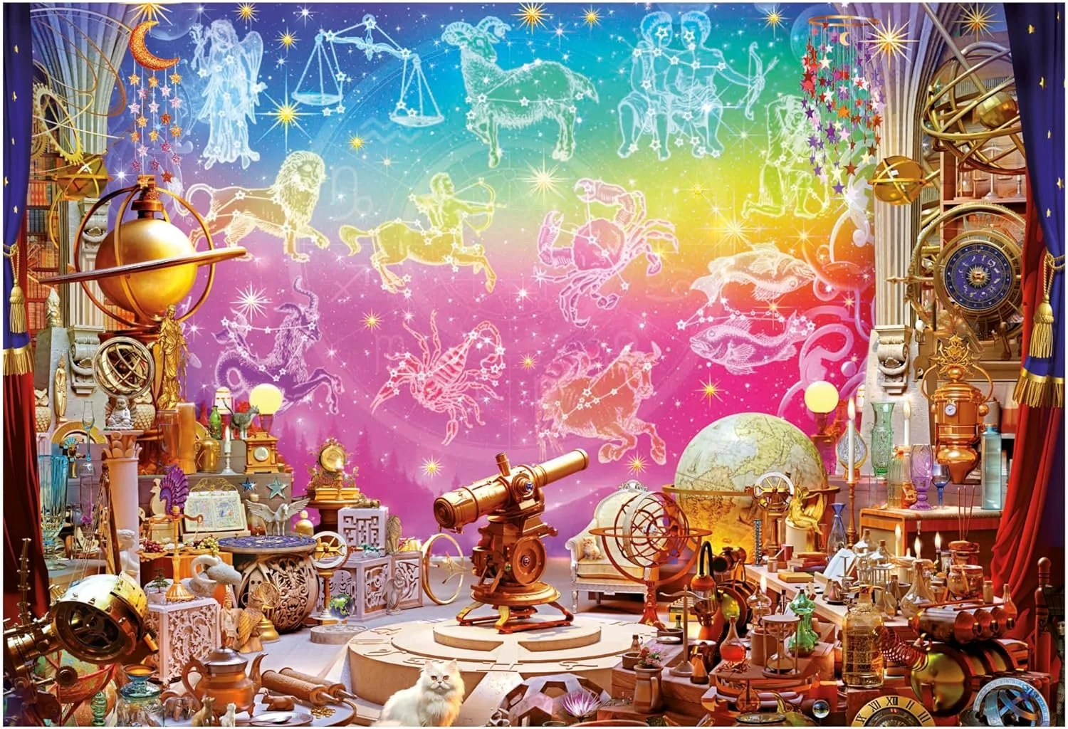 Een kleurrijke kamer vol oude astronomische instrumenten en wetenschappelijke apparatuur, met een vrolijk achtergrond van sterrenbeelden en sterrenbeelden op een muur. Er liggen also allerlei wetenschappelijke en astronomische voorwerpen, waaronder telescopen, klokken, kaarten, en standbeelden.