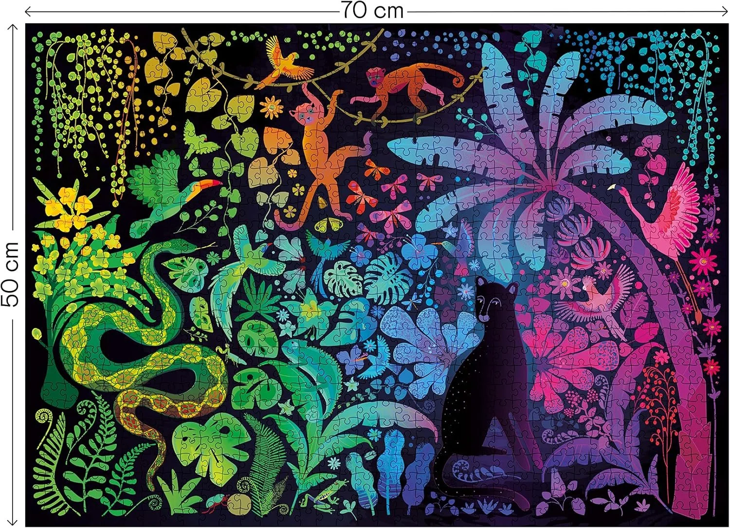 Een kleurrijke puzzel van een jungle met een slang, verschillende bloemen, en twee panters op een zwarte achtergrond.