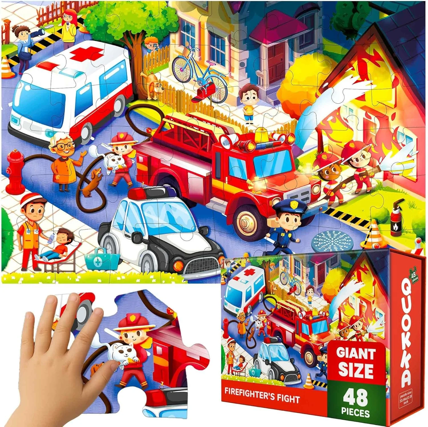 Grote kinderpuzzel met een brandweerscène en gezin. Een brandweerwagen, ambulance, politieauto en brandweerlieden die een brand blussen. Kinderen spelen, een dokter verzorgt een zieke kind. Een hand plaatst een puzzelstuk in de puzzel. Een doos met 48 grote stukken is te zien.