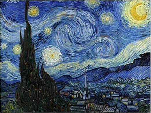 Vincent van Gogh's schilderij 'Sterrennacht' met een spiraalvormige sterrenhemel boven een dorp.