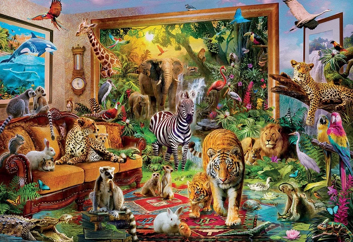 Een kamer vol met levende dieren, waaronder een zebra, leeuw, tijger, giraffe, olifant, en vogels, met een jungle achtergrond en diverse planten en bloemen.