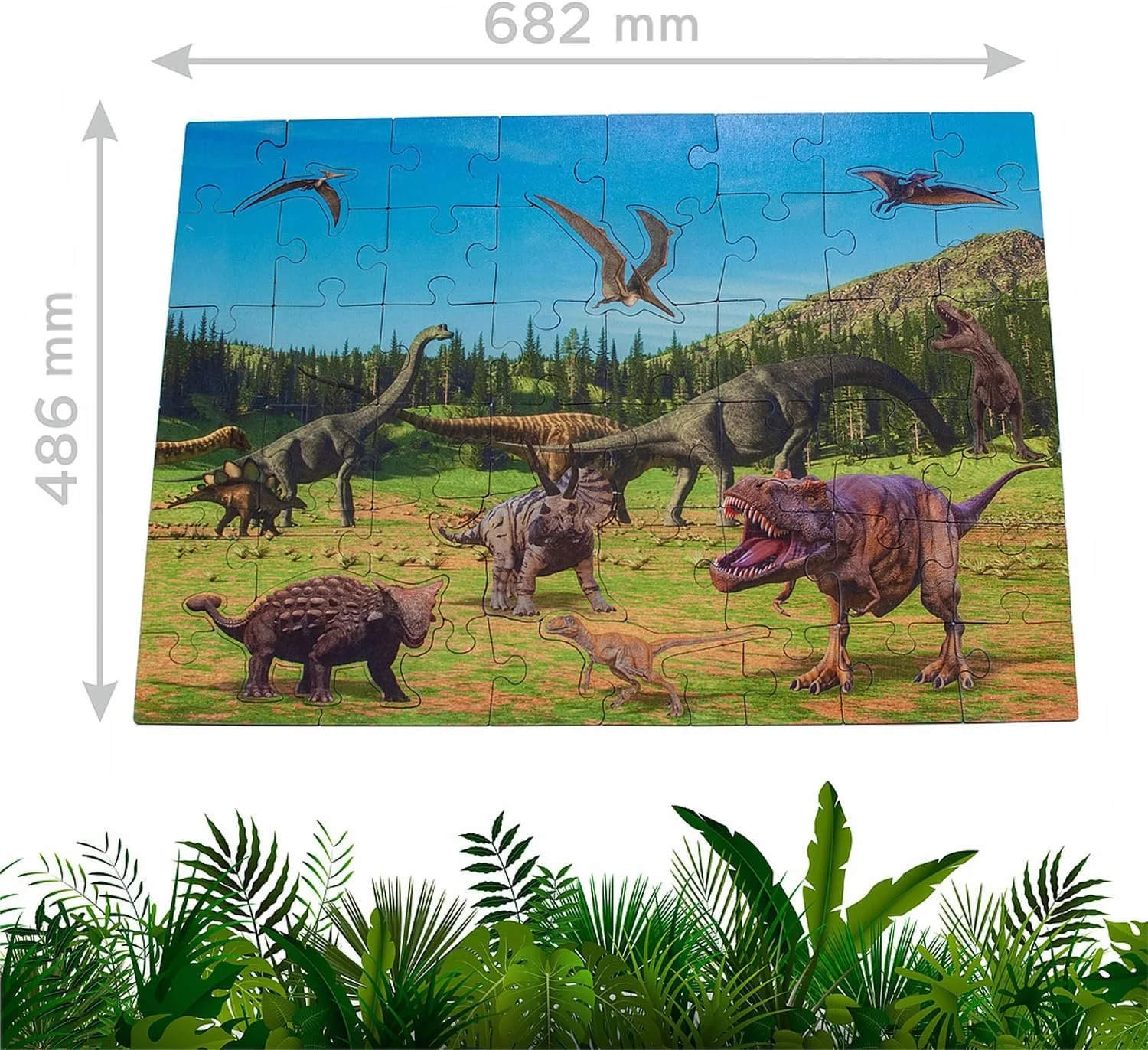 Puzzel met dinosaurussen in een prehistorisch landschap, met meetlinten en groene planten op de bodem.