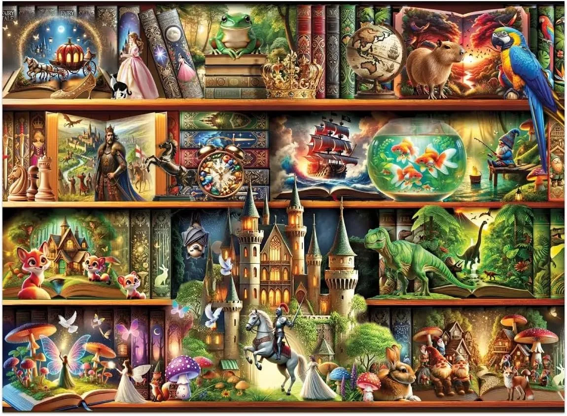 Illustratie van een boekenkast met fantasiekarakteristieke voorwerpen, dieren en kastelen in een magisch landschap.