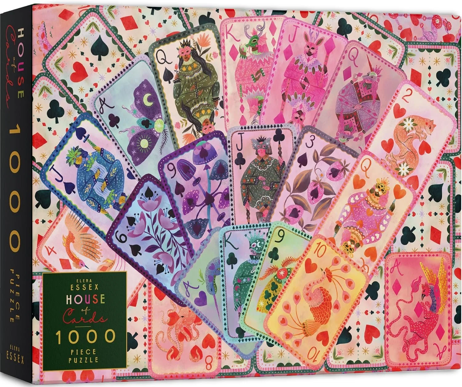 Een puzzelmet 1000 stukjes met een kleurrijk kaartspel met fantasierijke, gedetailleerde illustraties van koningen, koninginnen, boerderijdieren en magische wezens.