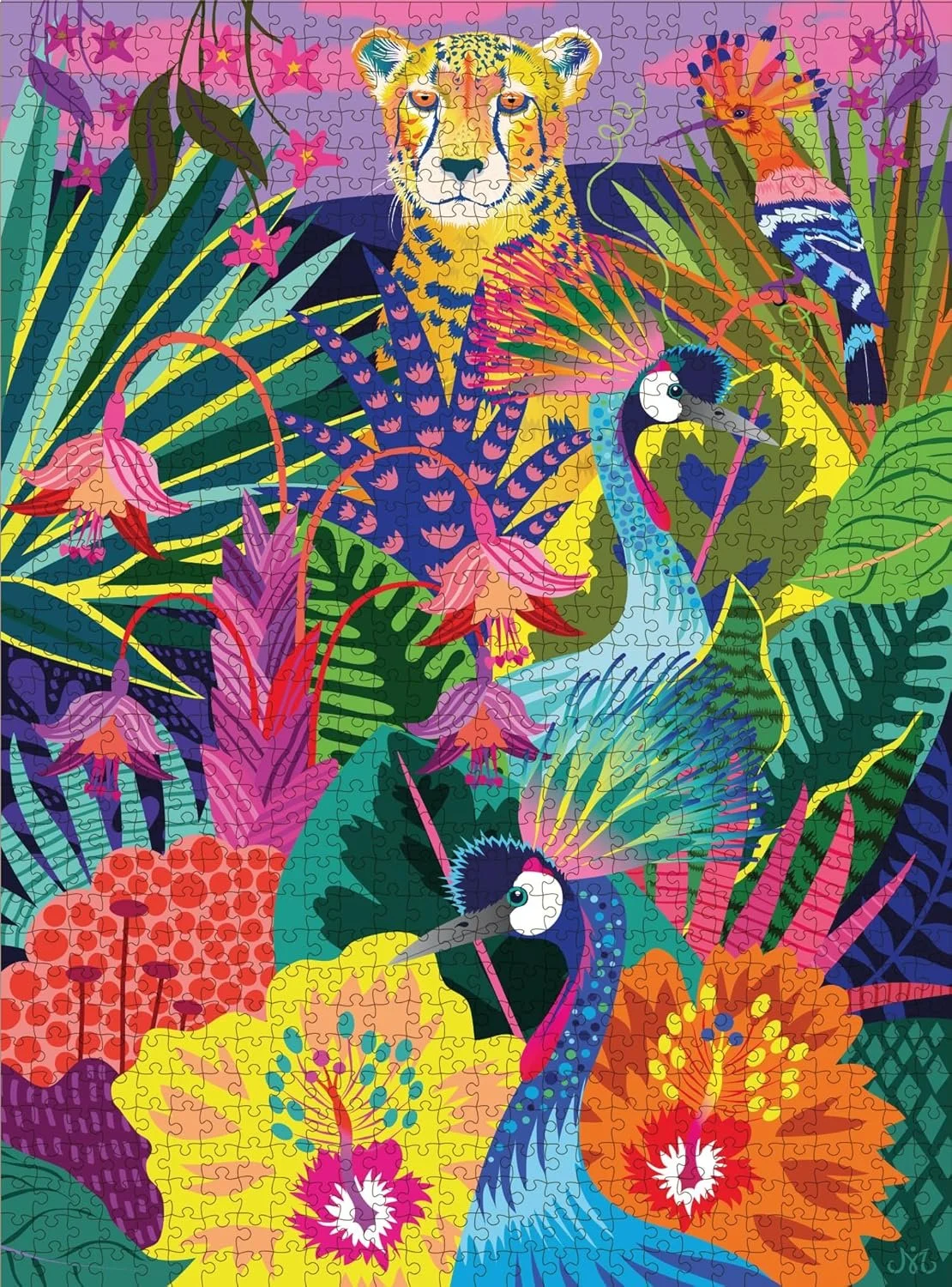 Een kleurrijk puzzelstuk met een junglethema, waaronder leeuw, flamingo's, pauwen, papegaaien en grote exotische bloemen en bladeren.