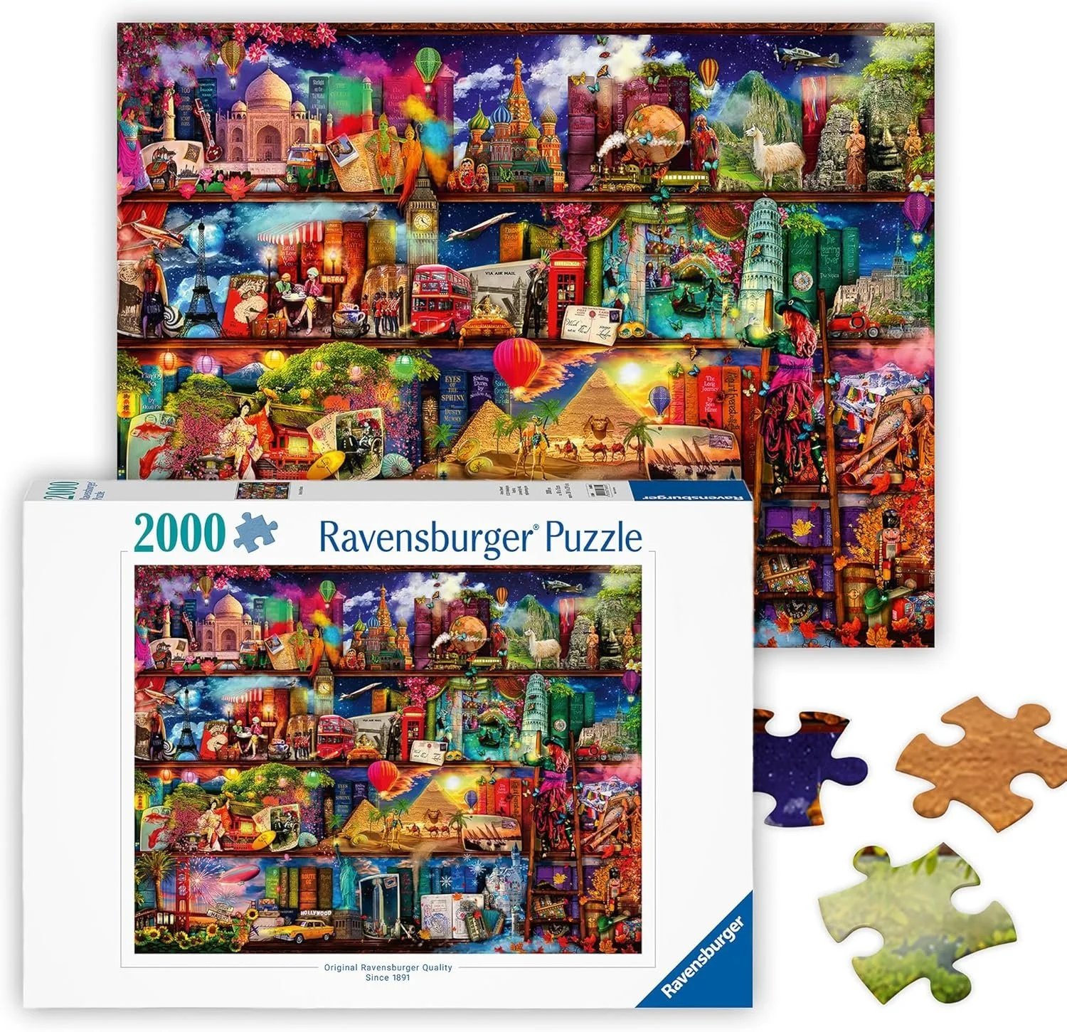 Een kleurrijk puzzel van 2000 stukjes met een collage van wereldsteden, bezienswaardigheden en cultuurelementen, inclusief de Taj Mahal, Eiffeltoren, Big Ben, Colosseum, Machu Picchu, en diverse culturele scenes en landschappen.