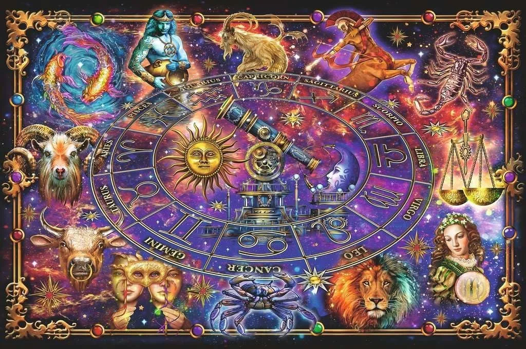 Astrologisch horoscoop met dierenriemtekens, sterrenbeelden, en symbolen van planeten, met illustraties van dieren en mythologische figuren tegen een sterrenhemel achtergrond.