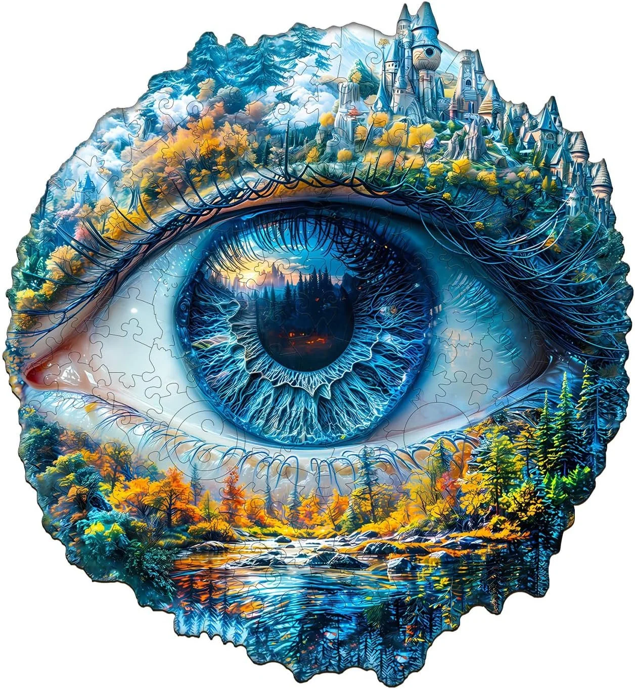 Een collage bestaande uit een grote blauwe ogen met een landschap en kerktorens in de iris, omgeven door een bos, bergen en een rivier.