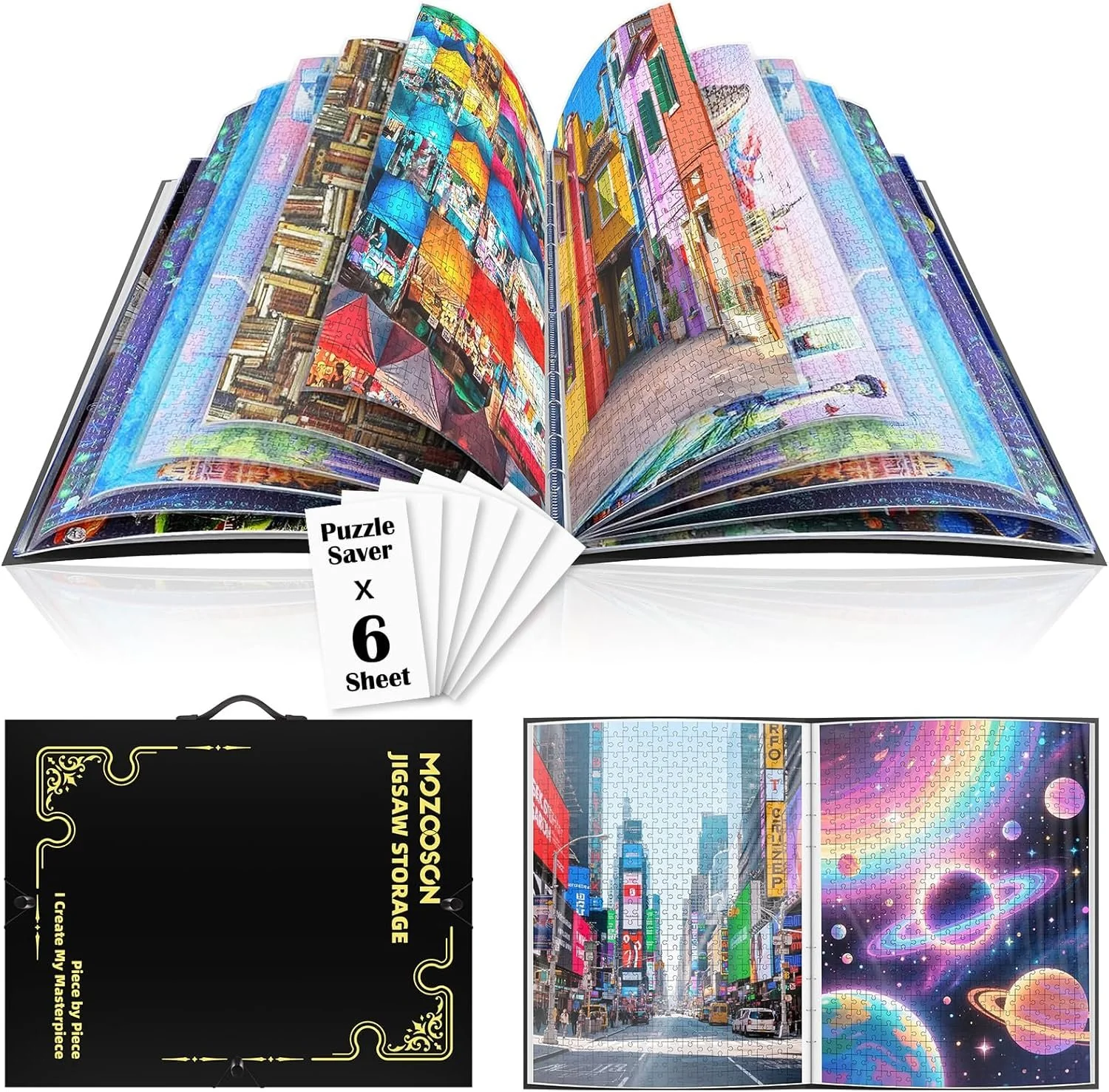 Een open puzzelboek met kleurrijke stads- en ruimtebeelden. Onderaan links een zwart doosje met tekst 'MOZOOSCN JIGSAW STORAGE' en 'I create my masterpiece piece by piece'. Onderaan rechts een afbeelding van een drukke stadsstraat en een afbeelding van een kleurrijk universum met planeten en sterren.
