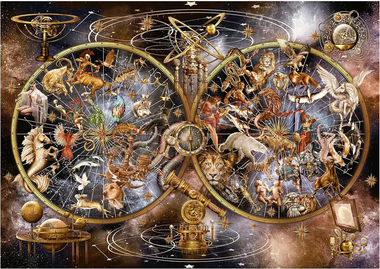 Een ingewikkelde illustratie van een astrologisch dierenriemkaart met diverse dieren en mythologische wezens, verbonden door lijnen en symbolen, met een sterrenhemel als achtergrond.