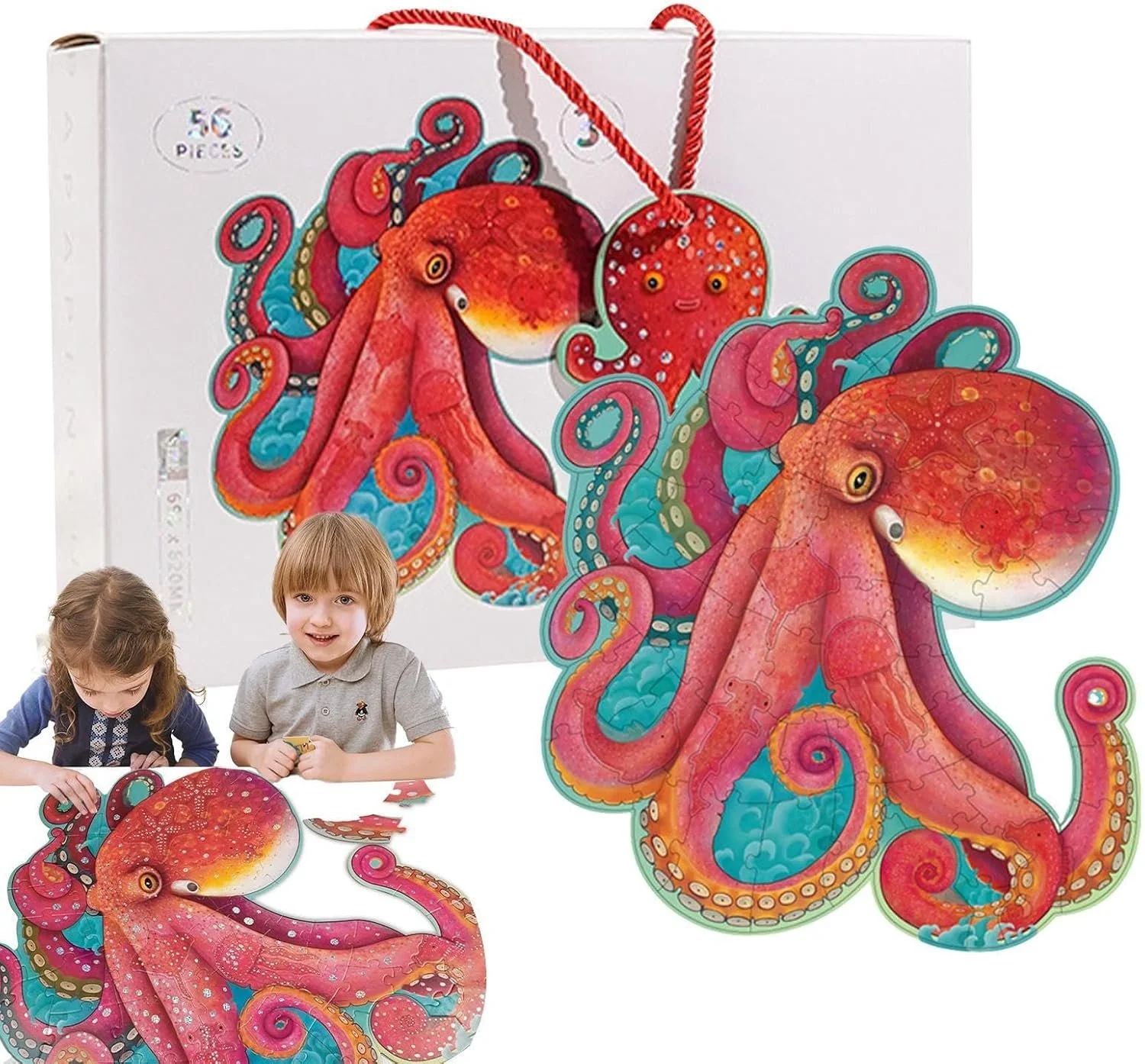 Een kleurrijke kinder puzzel van een octopus en een inktvis. Twee kinderen, een meisje en een jongen, spelen ermee.