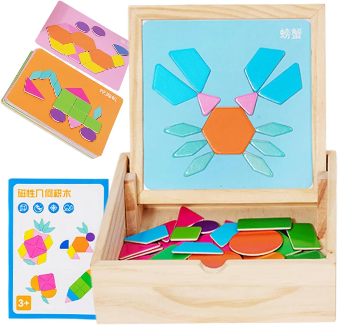 Een educatief speelgoed met magnetische gekleurde stukken die samen een kreeft vormen, geplaatst op een houten frame met een blauwe achtergrond.