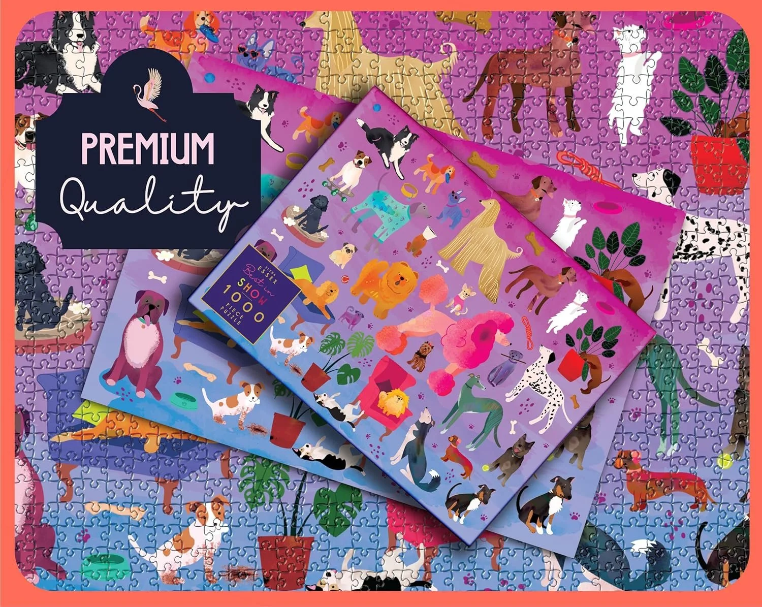 Puzzel met afbeeldingen van verschillende huisdieren en planten, inclusief honden, katten, en andere dieren, met een label dat zegt "Premium kwaliteit" en een doos met een 1000-delige puzzel van dezelfde dieren en planten.