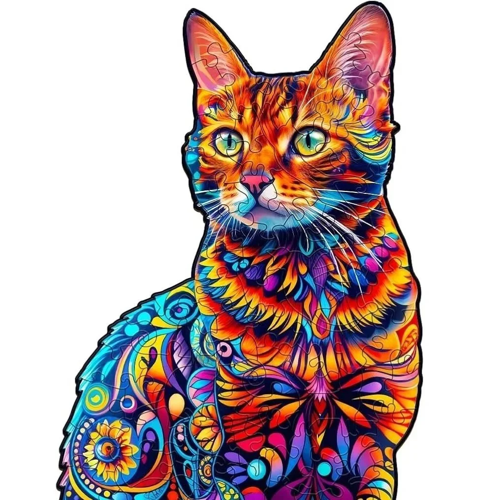 Een kleurrijk, abstracte getekende kat met veel felle kleuren en bloemmotieven.