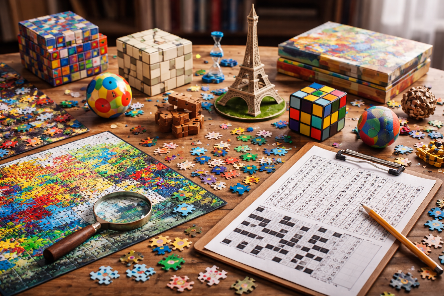 Een tafel met puzzelstukjes, verschillende puzzels, kubuspuzzels, een bord met een geassembleerde puzzel, een vergrootglas, een pen en een notitieblok, allemaal omringd door kleurrijke puzzels en decoratieve objecten.