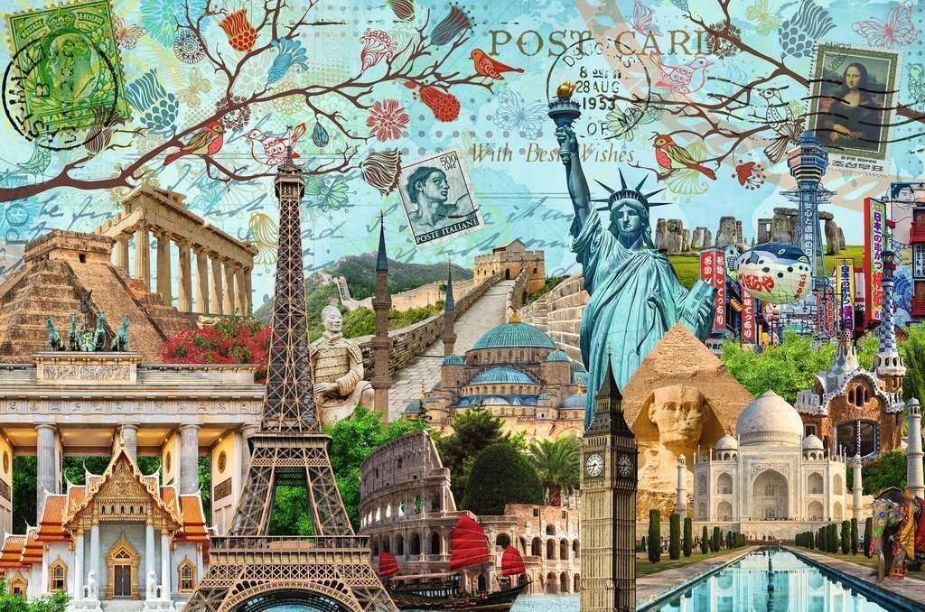 Collage van wereldberoemde toeristische bezienswaardigheden zoals het Vrijheidsbeeld, de Eiffeltoren, de Taj Mahal, en de Big Ben met een achtergrond van een kleurrijk, kunstzinnig patroon van bladeren en vogels.