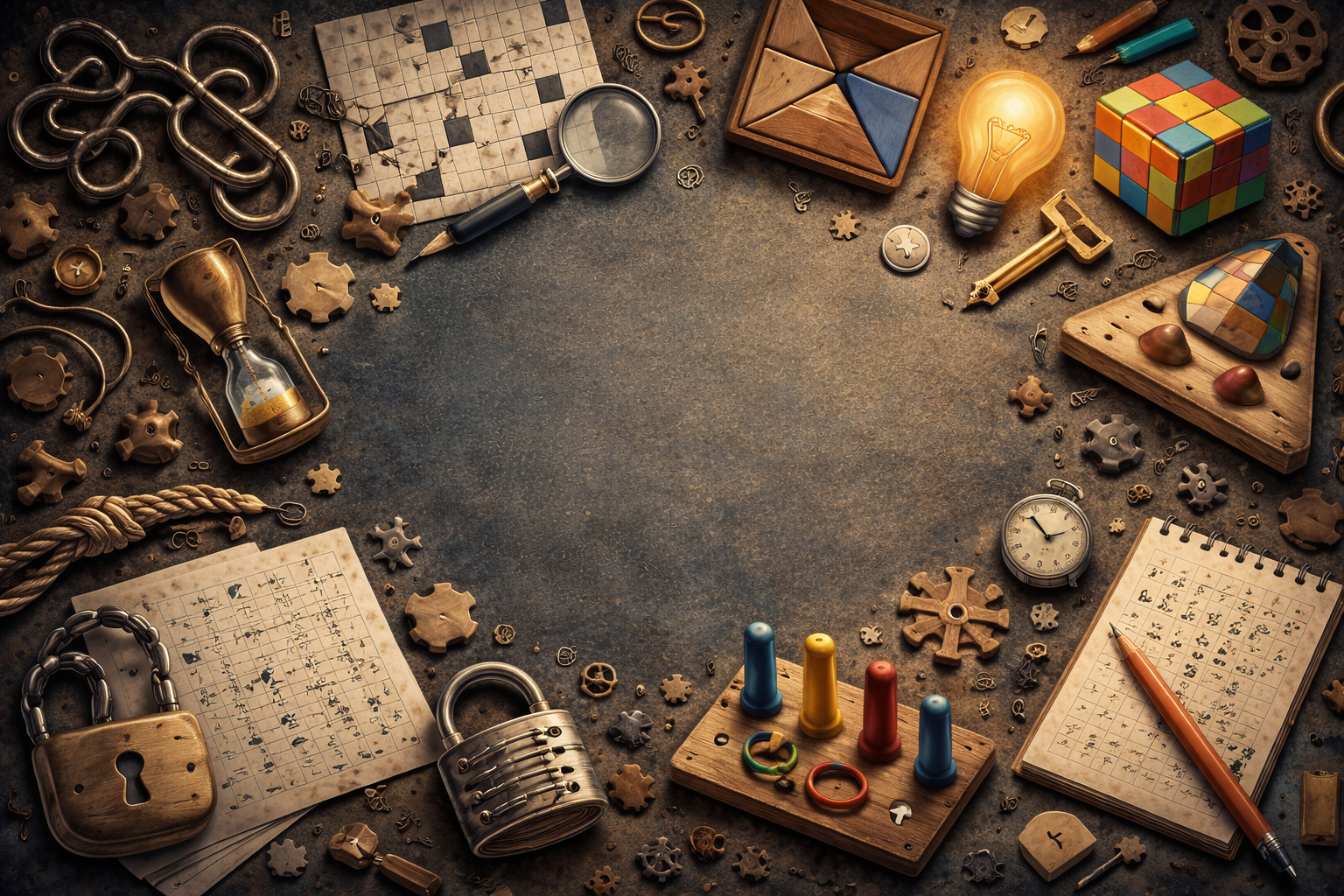 Een zandloper, blokken met kleuren, een sleutel, een lamp, een kubus met gekleurde vakken, een klok, een notitieboekje met pen, een touw, sloten en kleine technische onderdelen, meccano-achtige stukjes, een keerwiel, en verschillende puzzelstukken en accessoires verspreid op een donkere tafel.