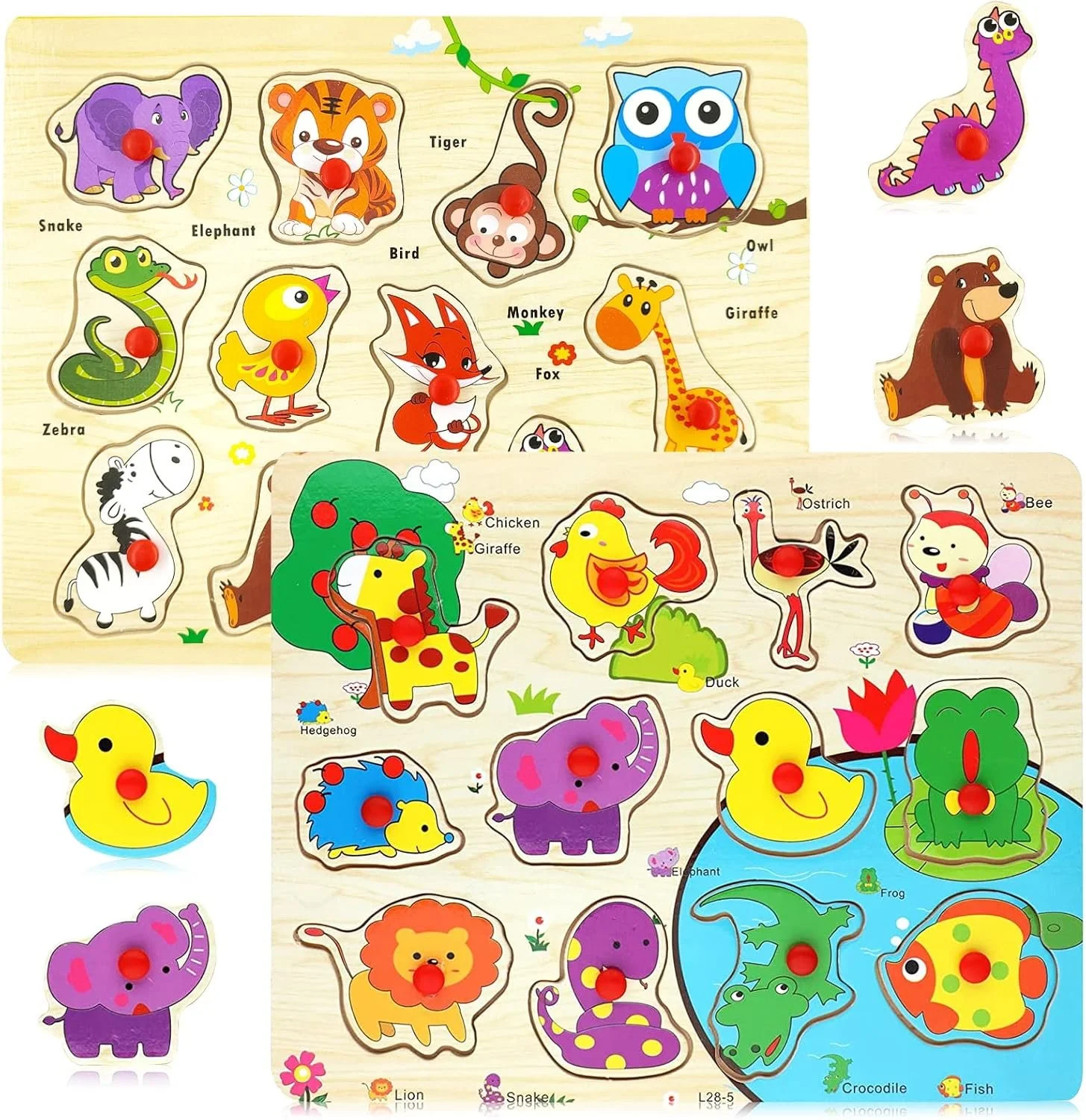 Afbeelding van een educatief spel met houten dieren en dierenstickers, inclusief dieren zoals olifant, tijger, vogel, aap, uil, giraf, beer, kip, eend, kikker, vis, en meer.