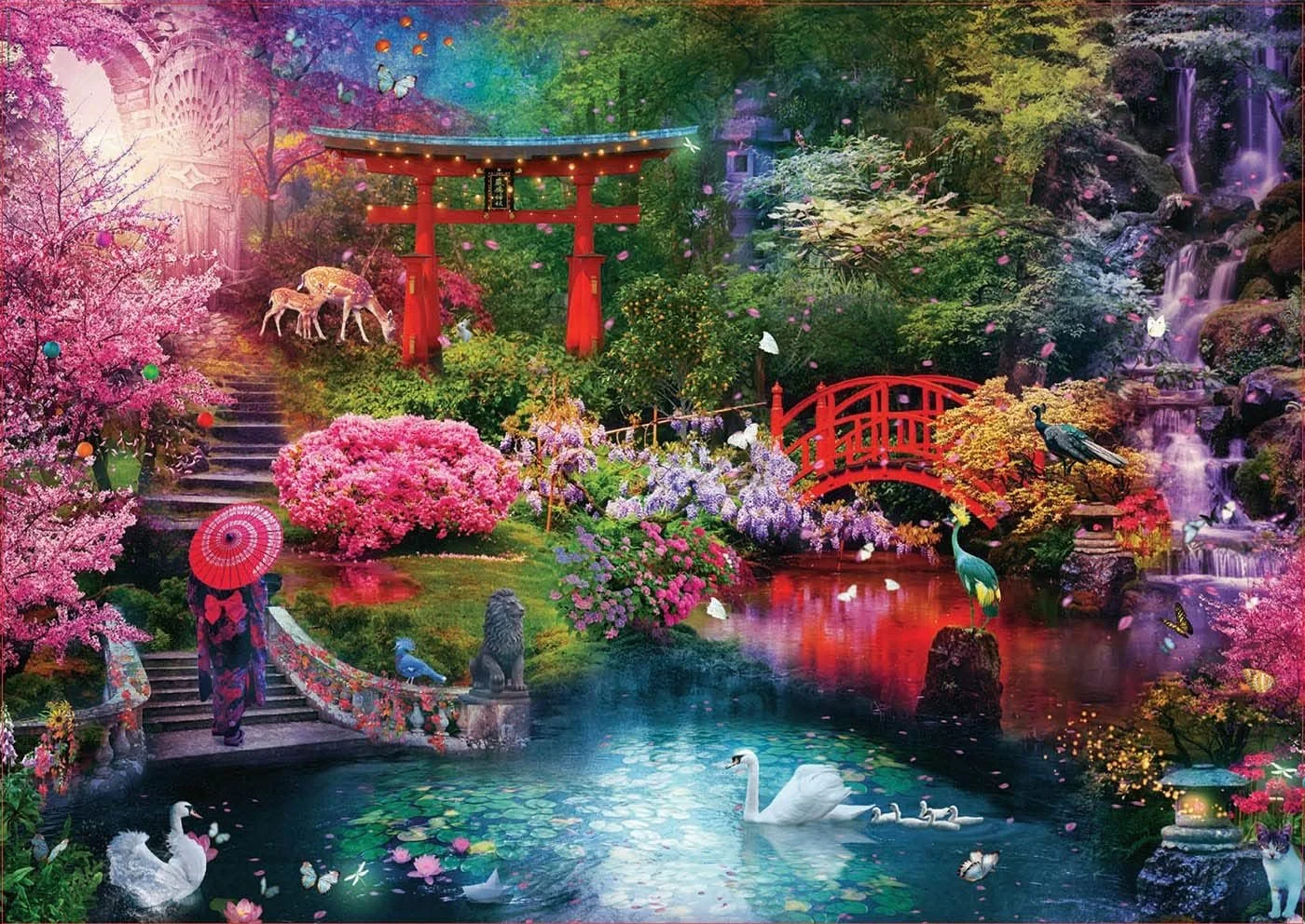 Een kleurrijke, magische tuin met een rivier, zwemmende zwanen en kuikens, een rode brug en een traditionele Japanse torii-poort, omringd door bloesems, dieren en vallende bloemen.