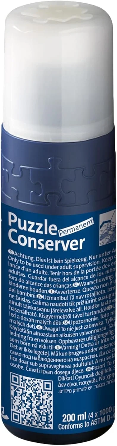 Puzzel conserver in een fles met een witte en blauwe label.