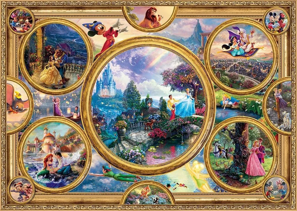 Een collage van Disney-animatiefilms met iconische scènes en characters, inclusief Les Perfects, Assepoester, de Leeuwenkoning, Sneeuwwitje, Rapunzel, Ariël, Mickey Mouse, en andere bekende animaties binnen een gouden lijst.