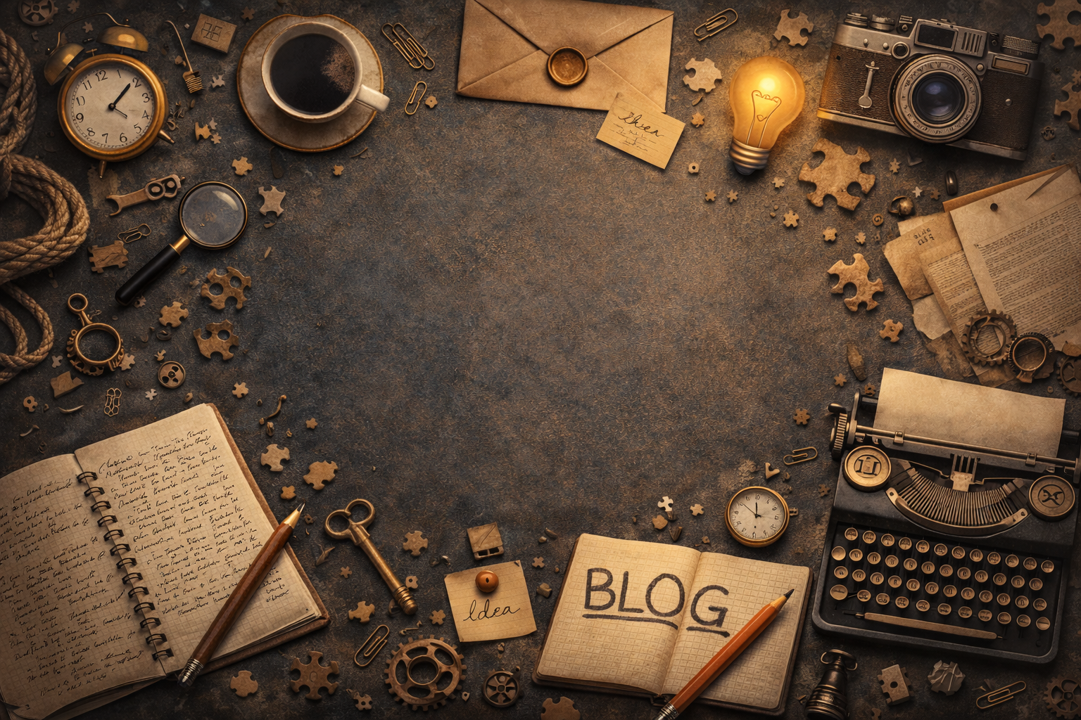 Oude typewriter, notitieboekjes met schrijven en 'BLOG', camera, koffie, lamp, klok, documenten, en puzzle stukjes op een werkblad.