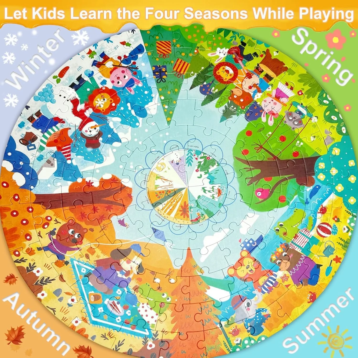 Een kleurrijke legpuzzel met vier seizoenen: winter, lente, zomer en herfst, met cartoon dieren en landschappen