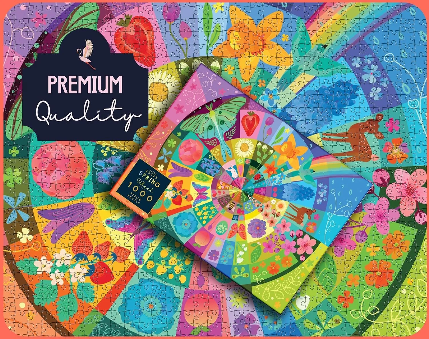 Een kleurrijk puzzel met bloemen, vlinders en dieren, met een doosje in het midden dat aangeeft dat het 1000 stukjes heeft en bestemd is voor lente en zomer. Op de achtergrond ligt de uiteindelijke completed puzzle.