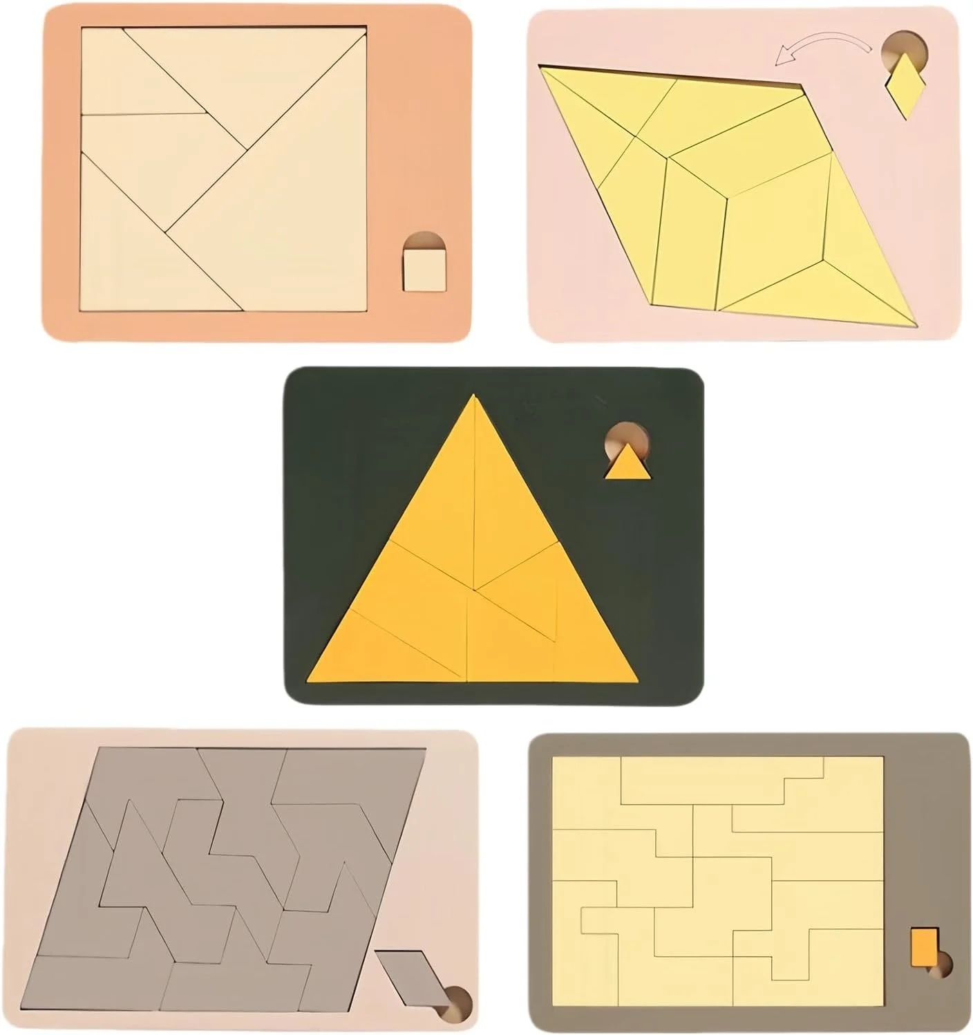 Vijf puzzelspellen met houten elementen die in verschillende vormen passen, waaronder een vierkant, een driehoek en een complex patroon.