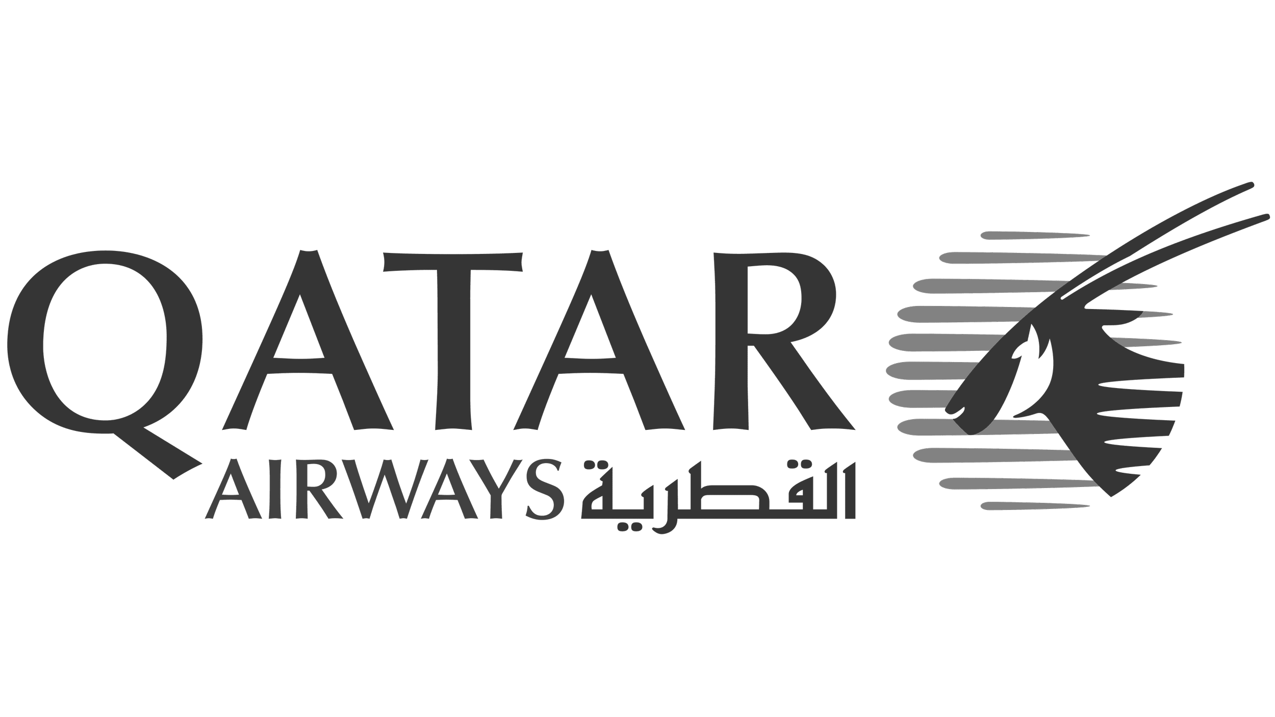 Qatar Airways logo with stylized falcon and Arabic script.