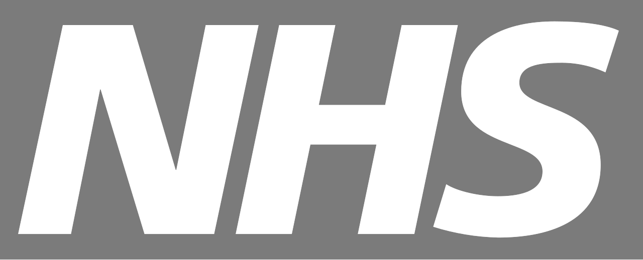 White text 'NHS' on a gray background.