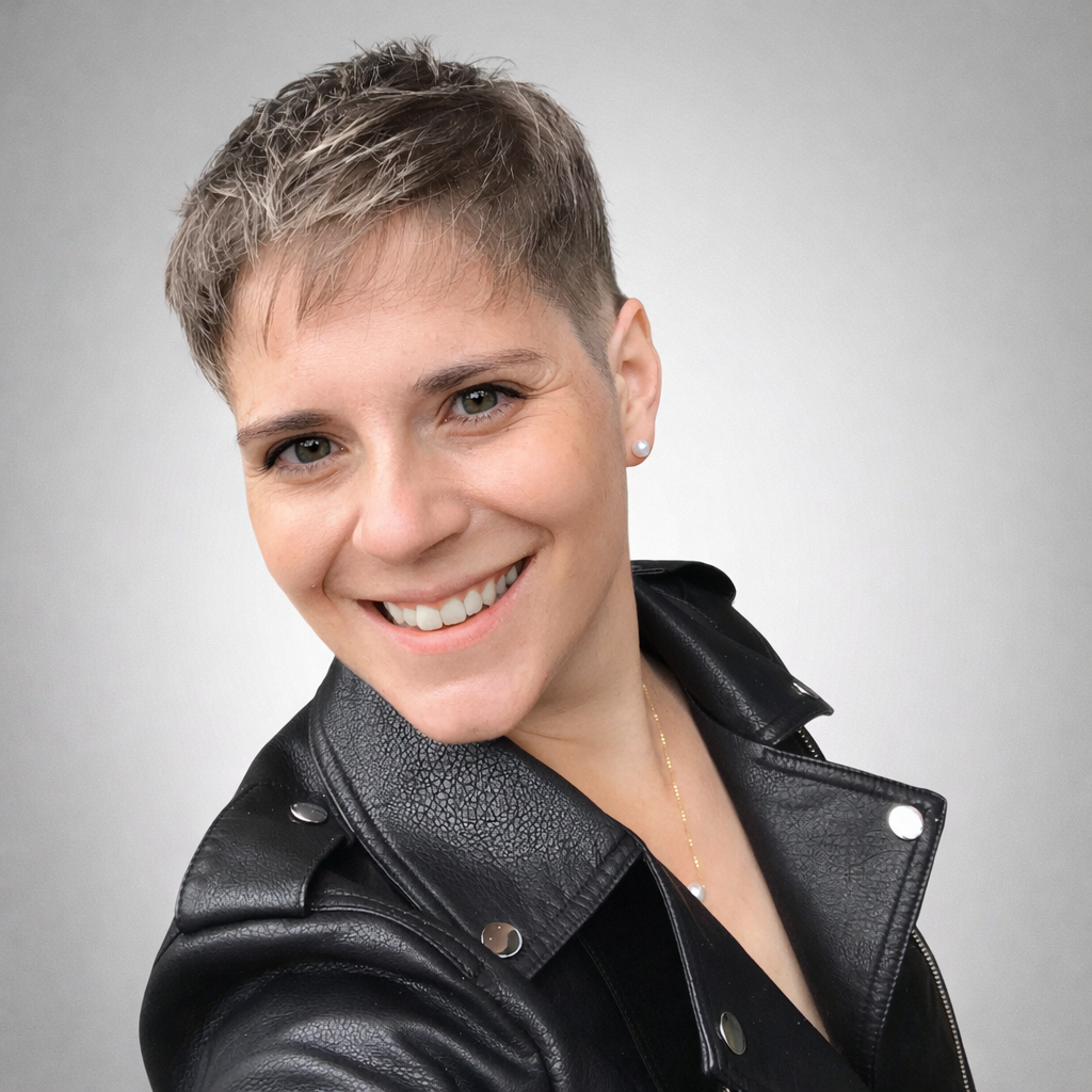 A smiling woman with short hair wearing a black leather jacket and earrings against a light gray background.