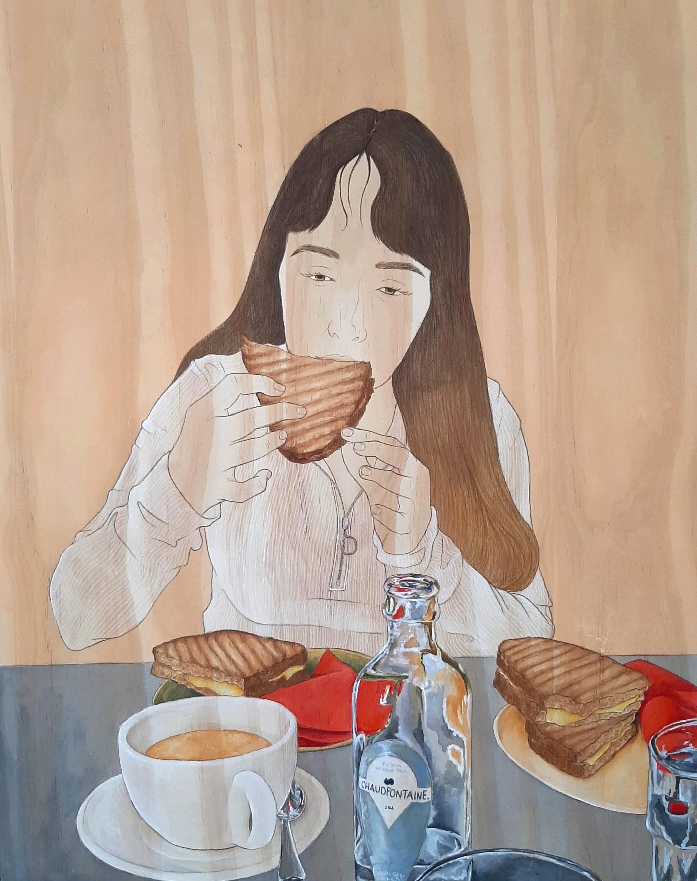 Toasties, 2024, Acrylic, ink and coloured pencil on wood, 50.8 x 40.6cm