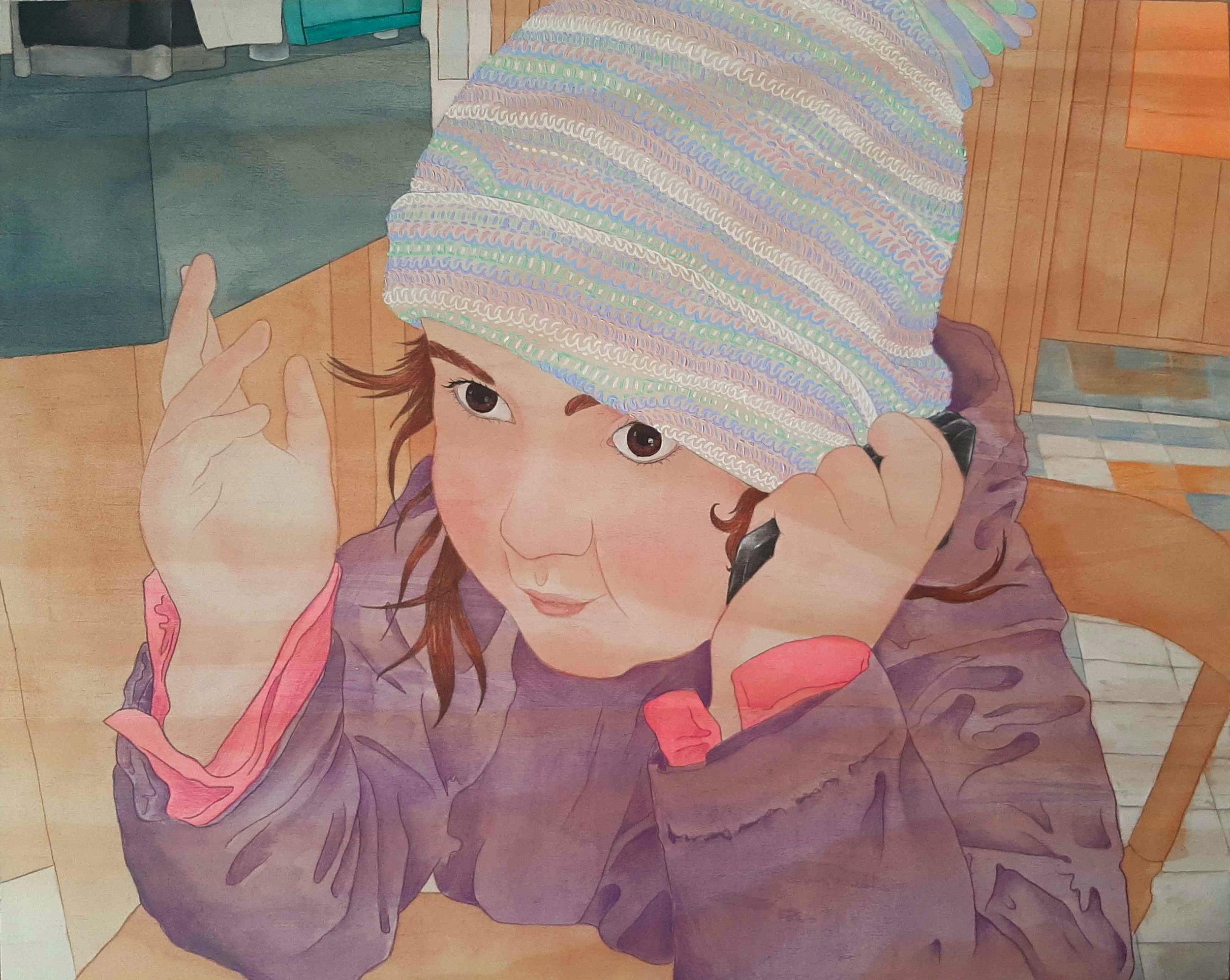 Busy Woman, 2024, Acrylic and coloured pencil on wood, 50.8 x 40.6cm