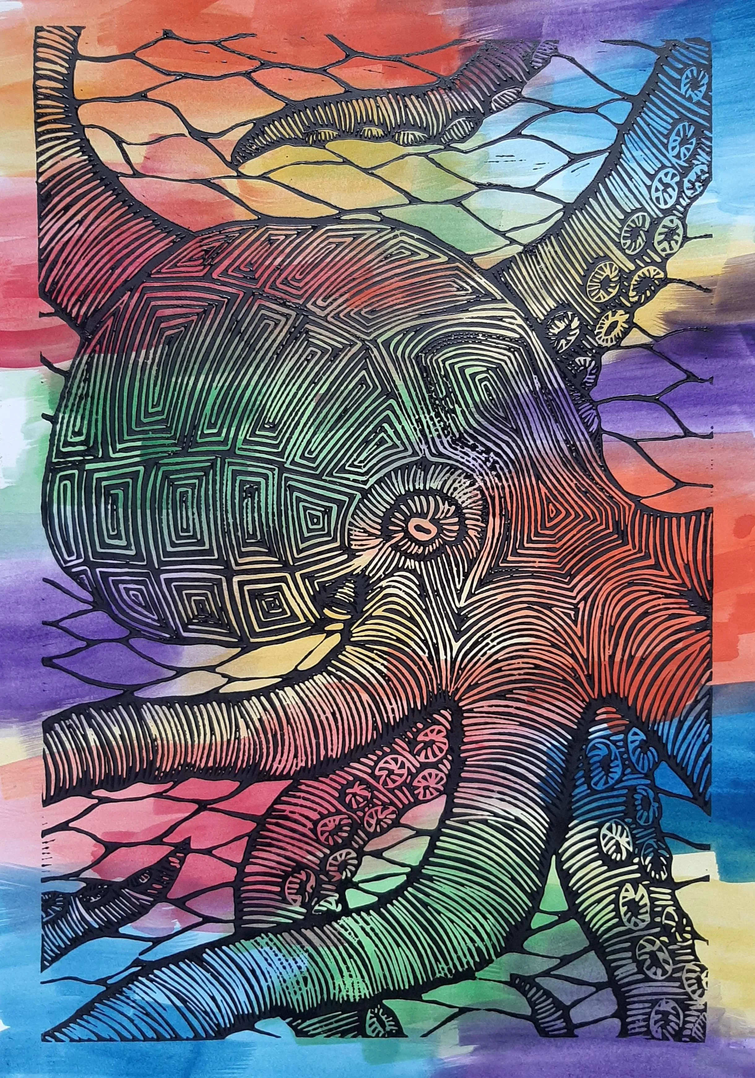 Raymond, 2020, Lino print and watercolour on paper, 29.7 x 42cm