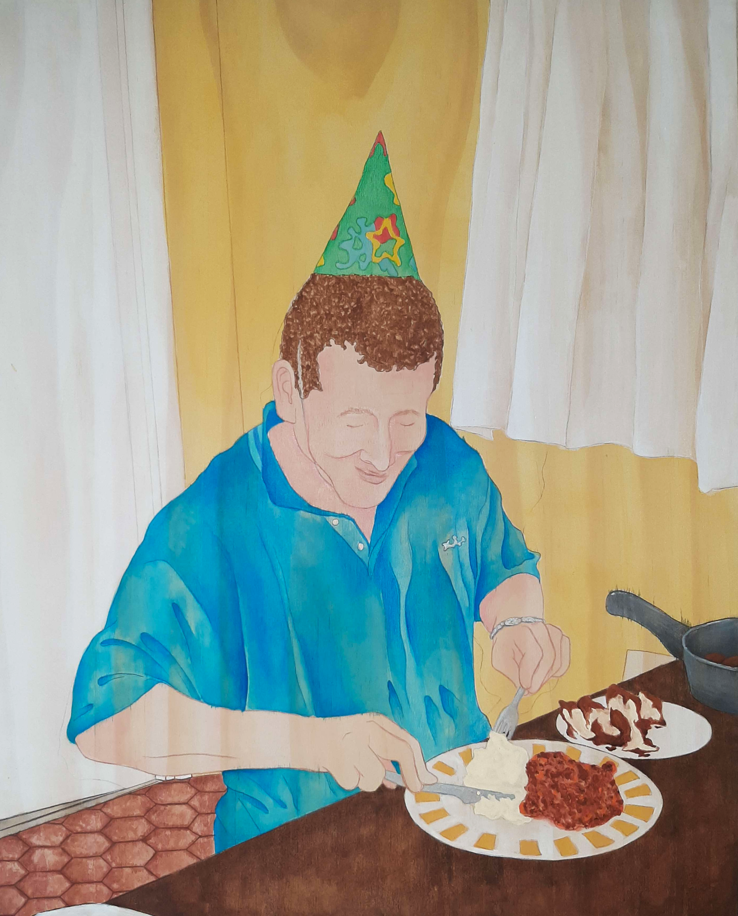 In celebration of new potatoes, 2024, Acrylic on wood, 40.6 x 50.8cm