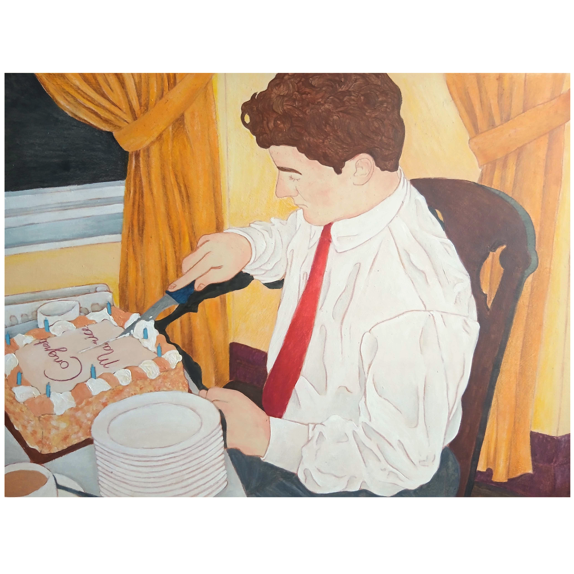 Congrats Maurice, 2026, Acrylic and colour pencil on wood, 50.8 x 40.6cm