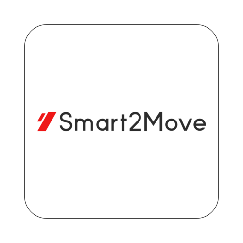 Logo de Smart2Move avec le texte en noir et une marque rouge stylisée sur fond blanc.