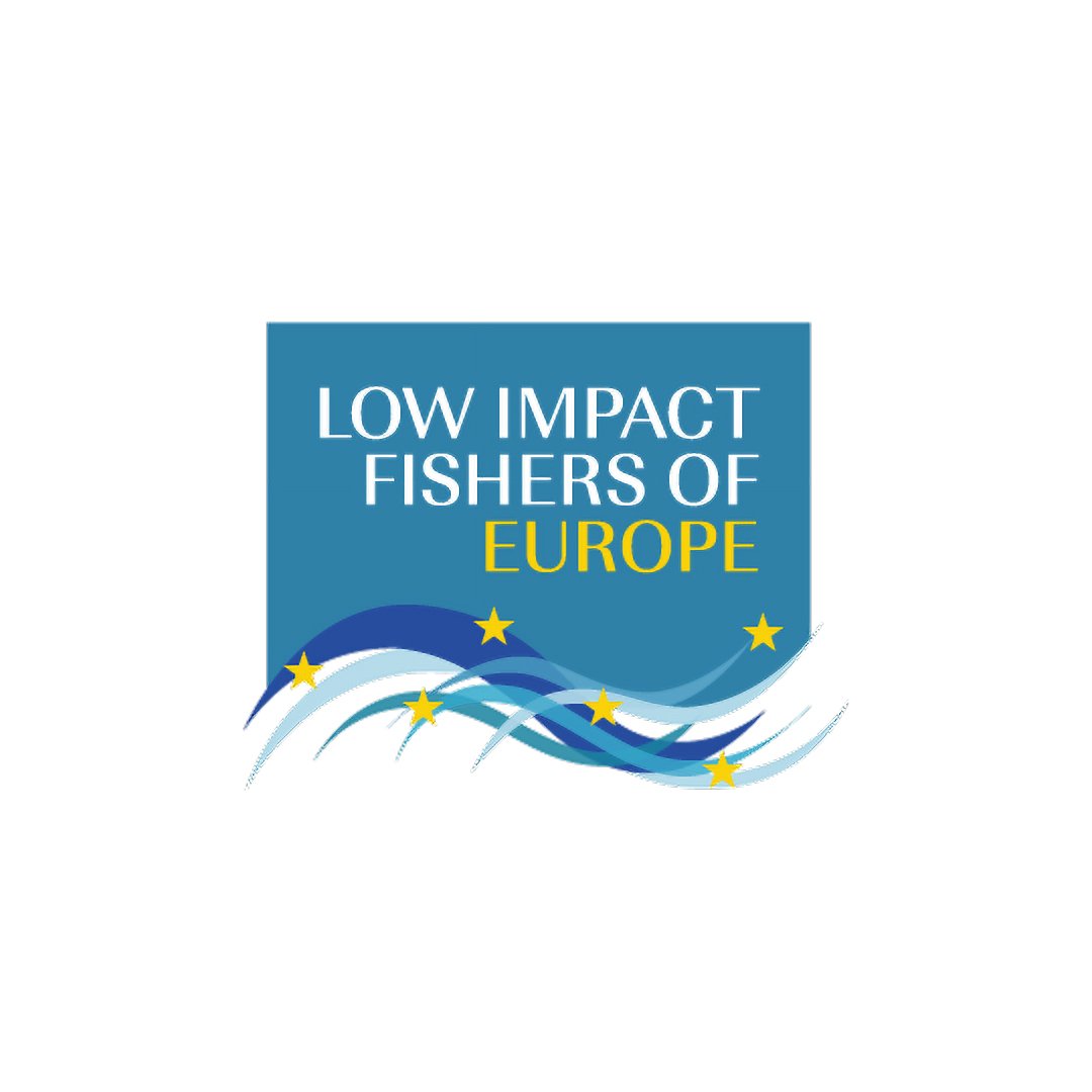 Logo for Low Impact Fishers of Europe with blue background, wavy lines, and yellow stars representing Europe.