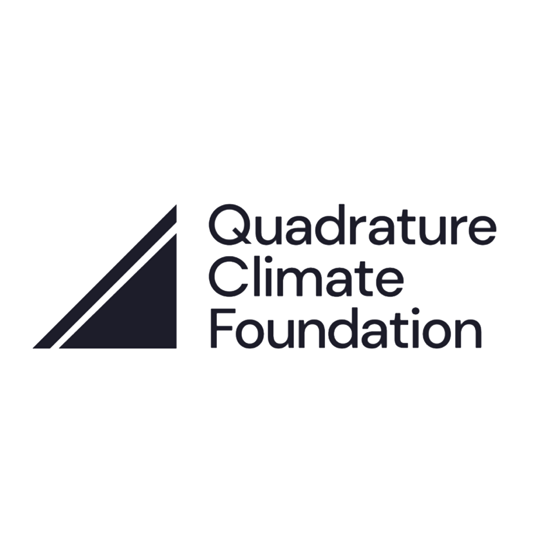 Logo of the Quadrature Climate Foundation, featuring a black geometric square with three diagonal stripes next to the foundation's name written in black text on a white background.