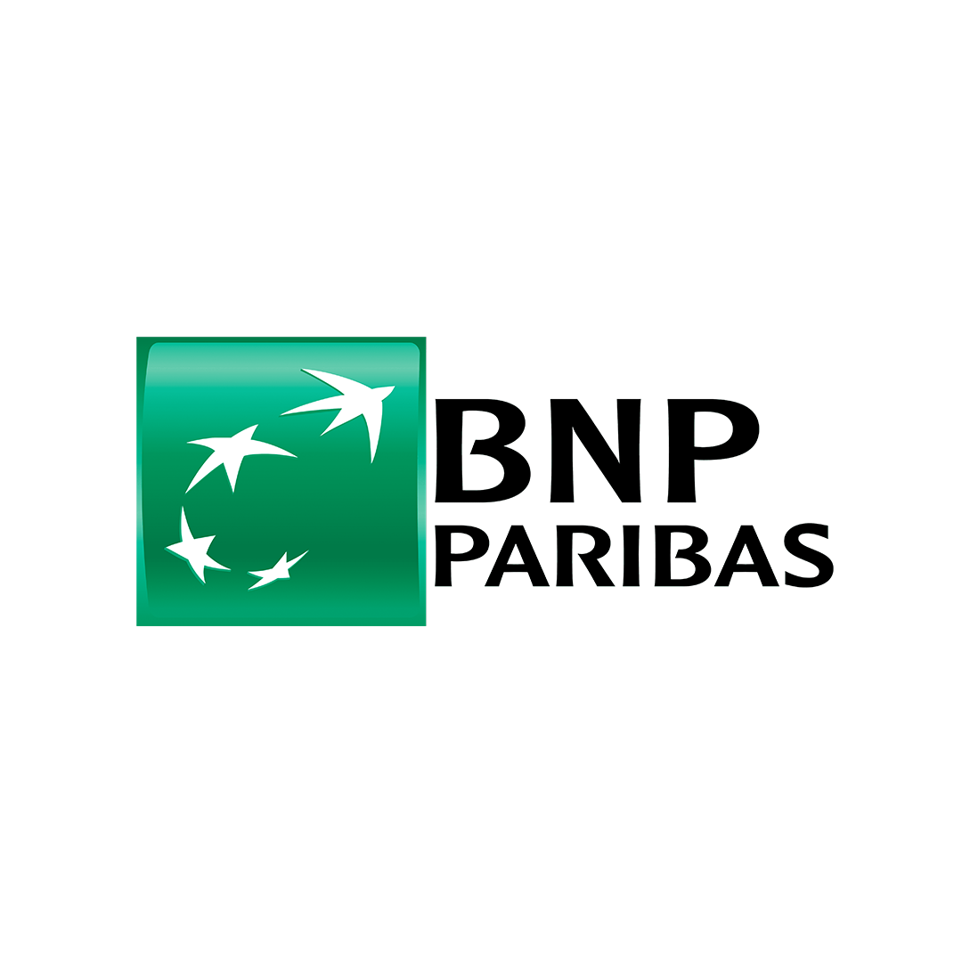 BNP Paribas logo with green square containing white stylized birds and black text.