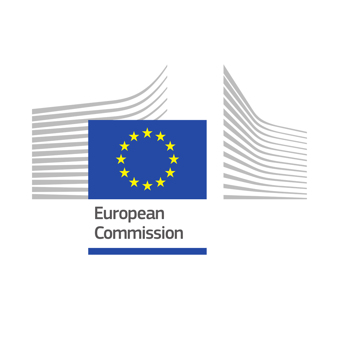 Logo of the European Commission with the EU flag and text, set against a black background with gray lines on the sides.