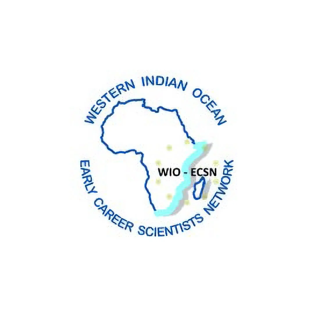 Logo featuring a blue outline map of Africa with the West Indian Ocean, and the text "Western Indian Ocean Early Career Scientists Network" surrounding it. The acronym "WIO-ECSN" is written over the map.