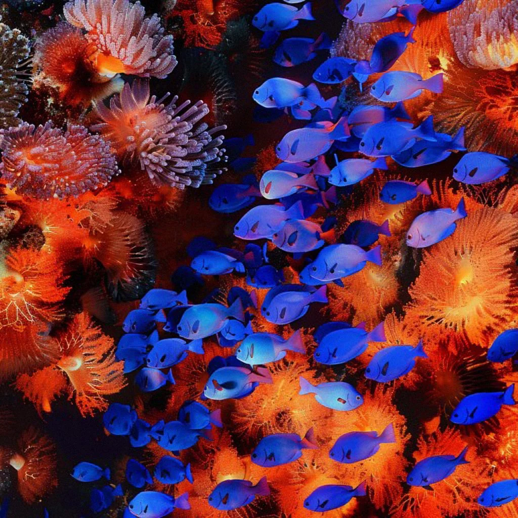 Underwater scene with clusters of bright blue fish swimming among orange and pink coral and sea anemones.