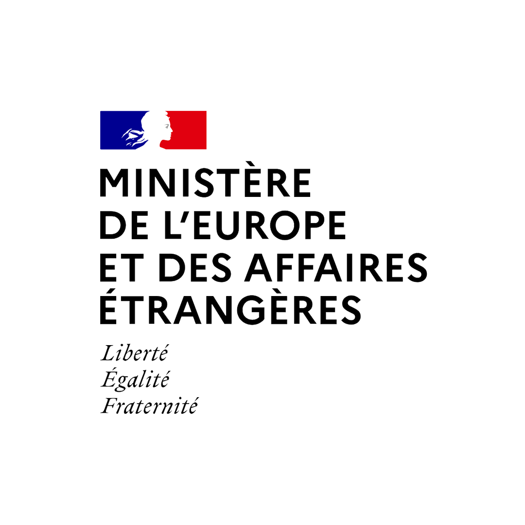 French Ministry of Europe and Foreign Affairs logo with a silhouette of Marianne in profile with a tricolor background, and the words 'Liberté, Égalité, Fraternité'.