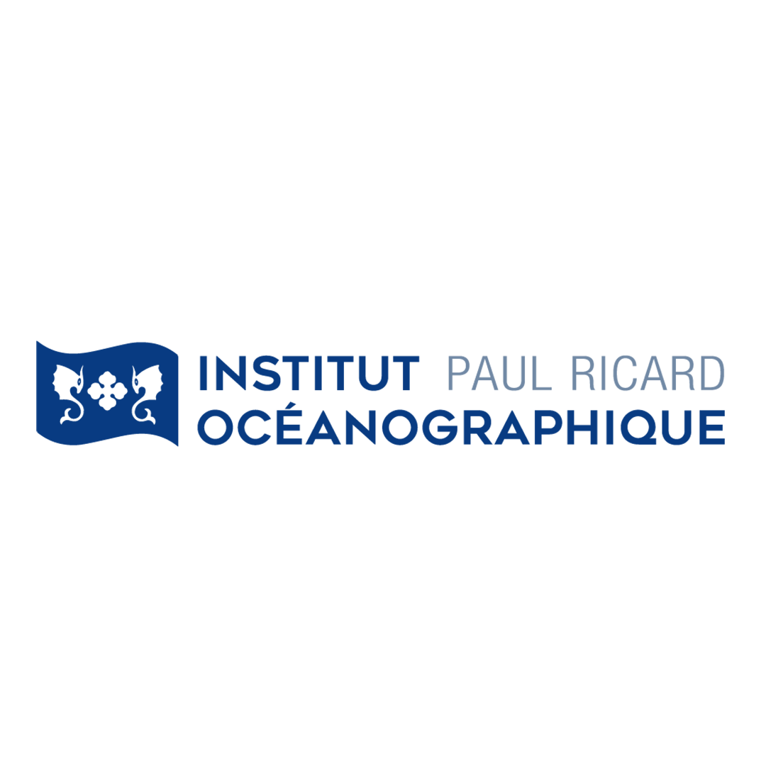 Logo of the Institut Paul Ricard Océanographique, featuring a stylized blue flag with a black and white ocean wave and aquatic symbols, and the institute's name in blue and gray text.