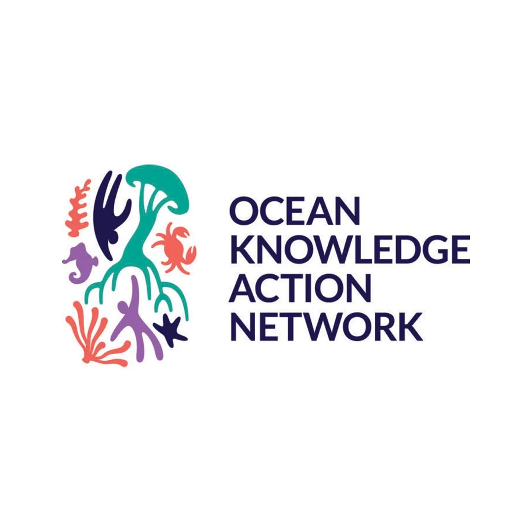 Logo of Ocean Knowledge Action Network featuring simplified illustrations of marine life and coral in various colors alongside the organization's name.