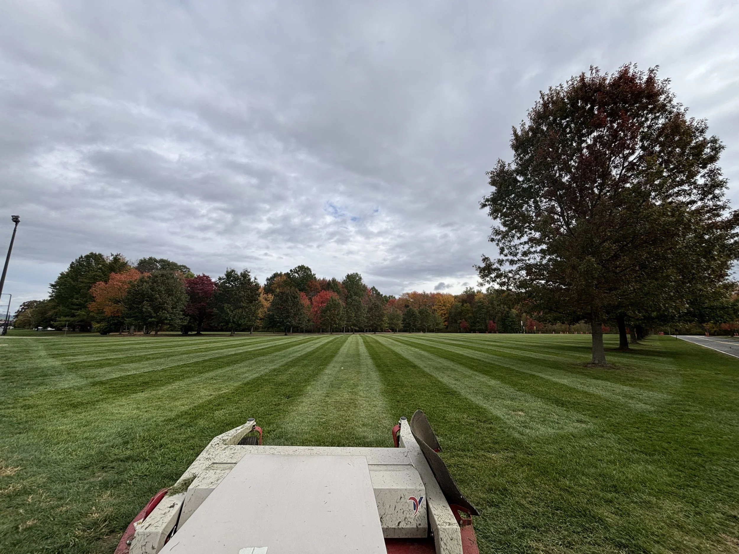 A wide grassy field with freshly mowed stripes, bordered by trees with autumn foliage, under a cloudy sky, with a white utility vehicle in the foreground.